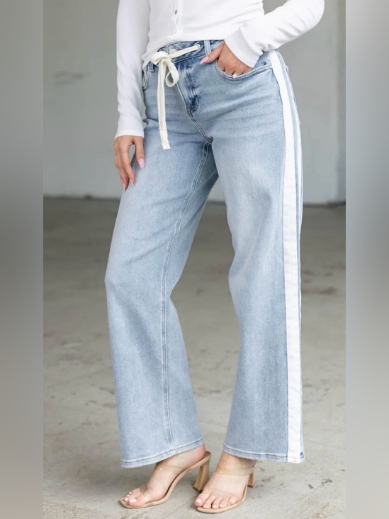 Risen Jeans Denim - risen Light Blue Wide-Leg Jeans with White Side Stripe 3/26